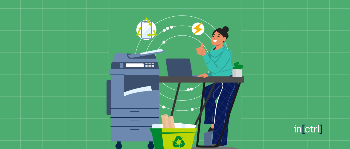 Illustration of a Brother employee and floor-standing multifunction printing machine with symbols representing sustainability and energy efficiency